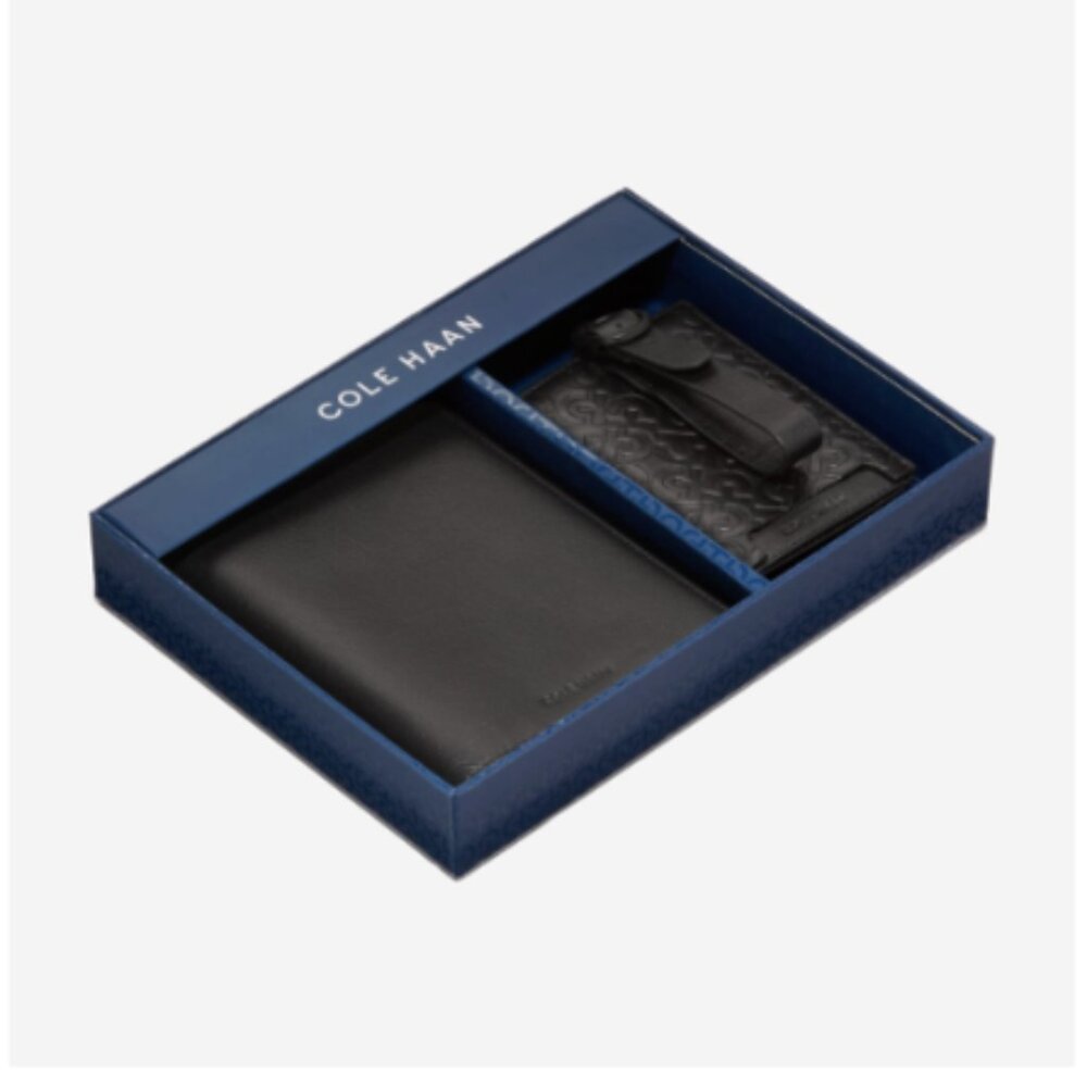 COLE HAAN Passport Wallet Set Black Leather Travel Luggage Tag Gift Box $98
